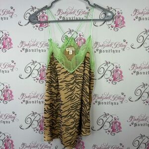 See u soon tank top cami camisole zebra beige print lime green lace racer back